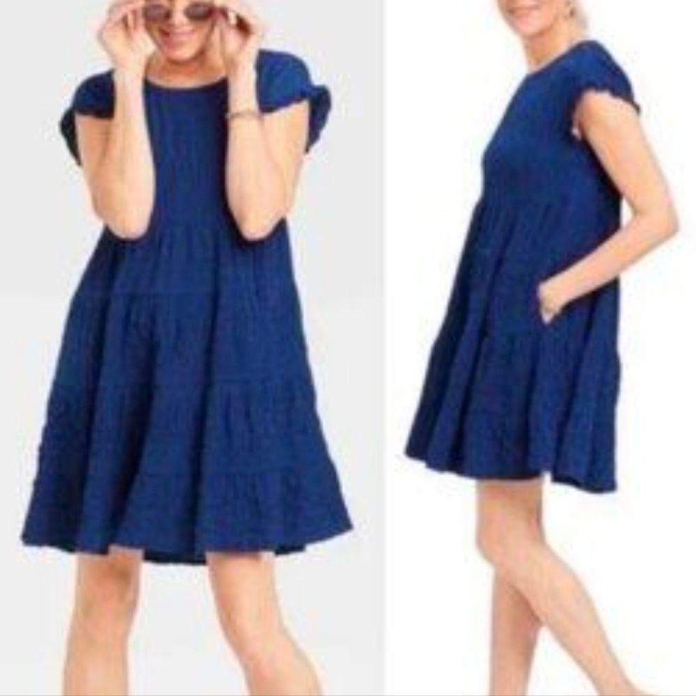 Knox Rose size M Medium women's blue short sleeve crinkle mini dress